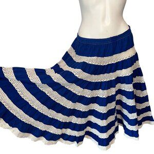 Vtg 60s Womens Skirt Blue White Lace Boho Cottagecore Size Medium Cotton Midi